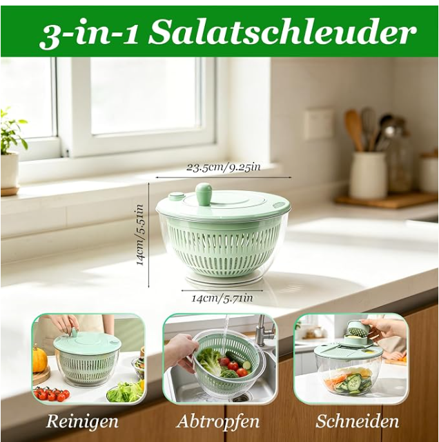 5L Salad Spinner, Salad Spinner with Lid with 6 Blade Cutters and 1 Chopping Board, Salad Spinner Stainless Steel, Used to Clean, Dry and Cut Salads, Vegetables, Fruits