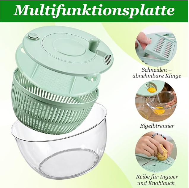 5L Salad Spinner, Salad Spinner with Lid with 6 Blade Cutters and 1 Chopping Board, Salad Spinner Stainless Steel, Used to Clean, Dry and Cut Salads, Vegetables, Fruits