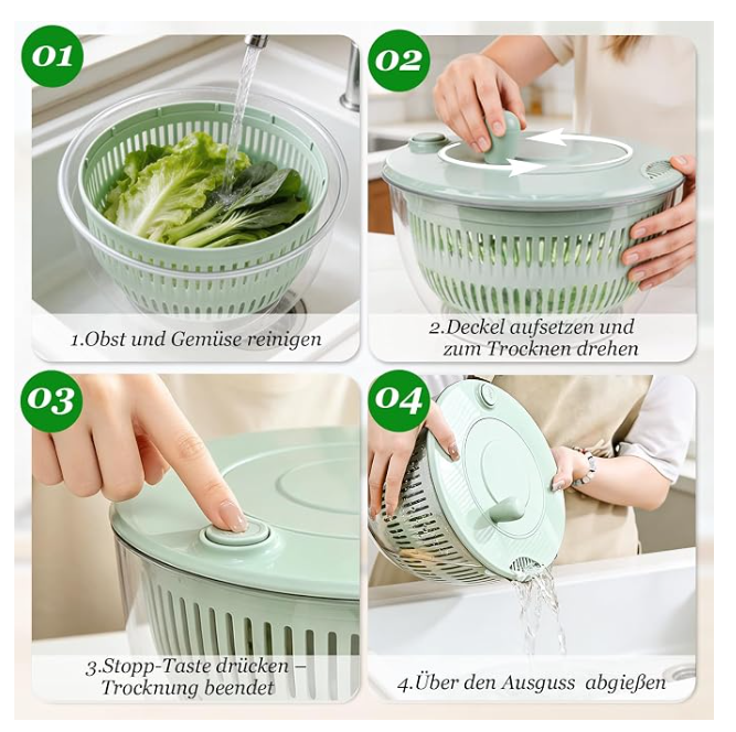 5L Salad Spinner, Salad Spinner with Lid with 6 Blade Cutters and 1 Chopping Board, Salad Spinner Stainless Steel, Used to Clean, Dry and Cut Salads, Vegetables, Fruits