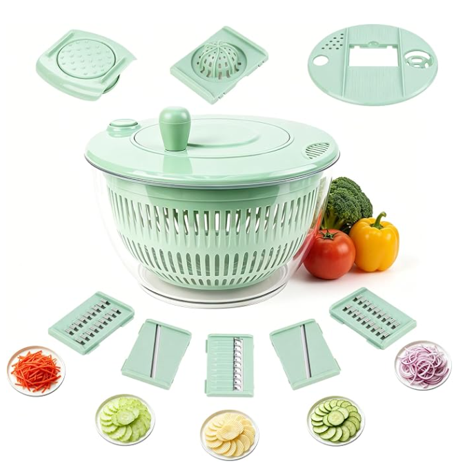 5L Salad Spinner, Salad Spinner with Lid with 6 Blade Cutters and 1 Chopping Board, Salad Spinner Stainless Steel, Used to Clean, Dry and Cut Salads, Vegetables, Fruits