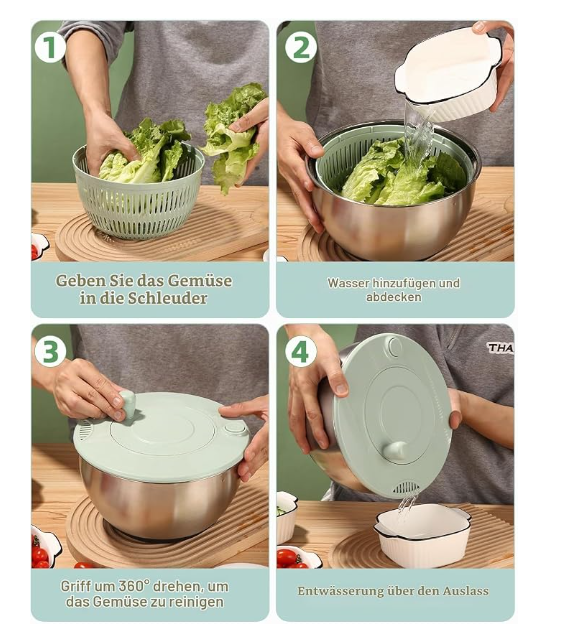 5L Salad Spinner, Salad Spinner with Lid with 6 Blade Cutters and 1 Chopping Board, Salad Spinner Stainless Steel, Used to Clean, Dry and Cut Salads, Vegetables, Fruits