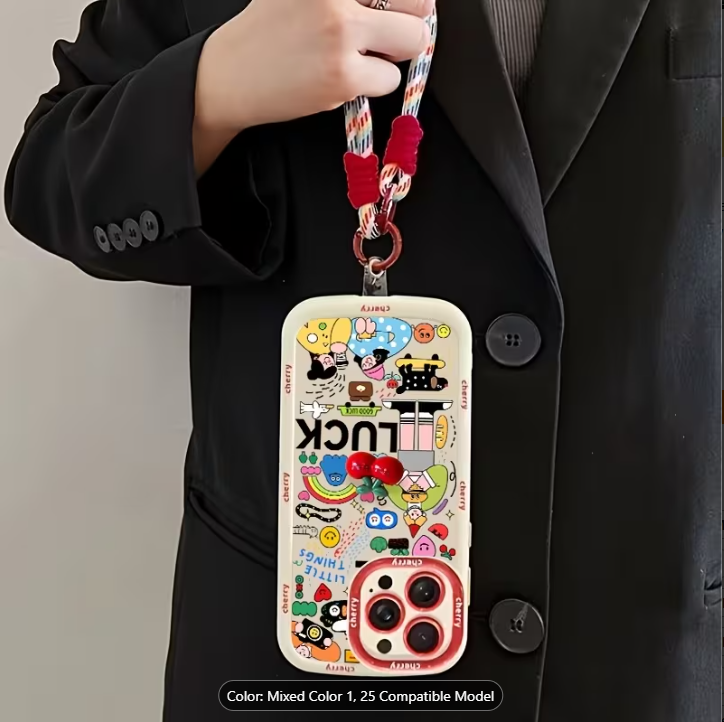 Phone Case Cute Doodles Suitable for iPhone 18 Pro Max/17/16PLUS/15/14/13/12/11 Series Lanyard Phone Case, Cute Cartoon Red Cherry Accessories Handy Women's Creative Soft Protective Cover with Hanging Rope for Christmas Gifts for Girlfriend