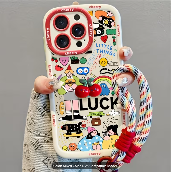 Phone Case Cute Doodles Suitable for iPhone 18 Pro Max/17/16PLUS/15/14/13/12/11 Series Lanyard Phone Case, Cute Cartoon Red Cherry Accessories Handy Women's Creative Soft Protective Cover with Hanging Rope for Christmas Gifts for Girlfriend